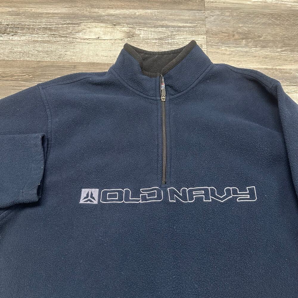 Vintage Old Navy Blue Men 2XL Spellout 1/4 Zip Mock Neck Fleece Pullover Sweater
